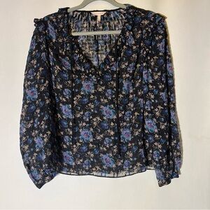 Rebecca Taylor Blue and Yellow Ruffled 3/4 Sleeve Blouse